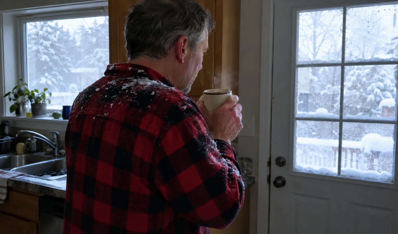 Man back in the kitchen with snow on his flannel shirt, warming his hands on a coffee mug
