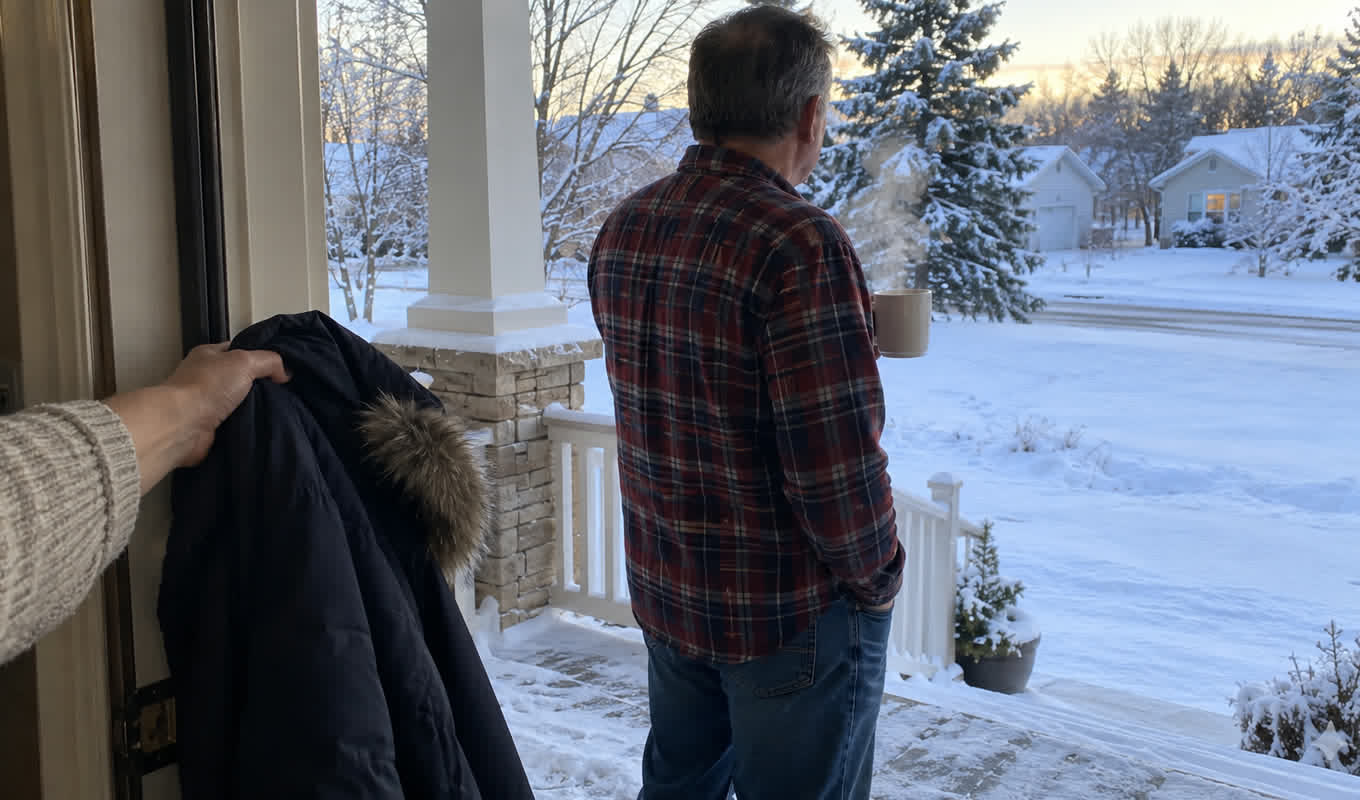 Man in a flannel shirt stepping out onto a frosty porch at dawn