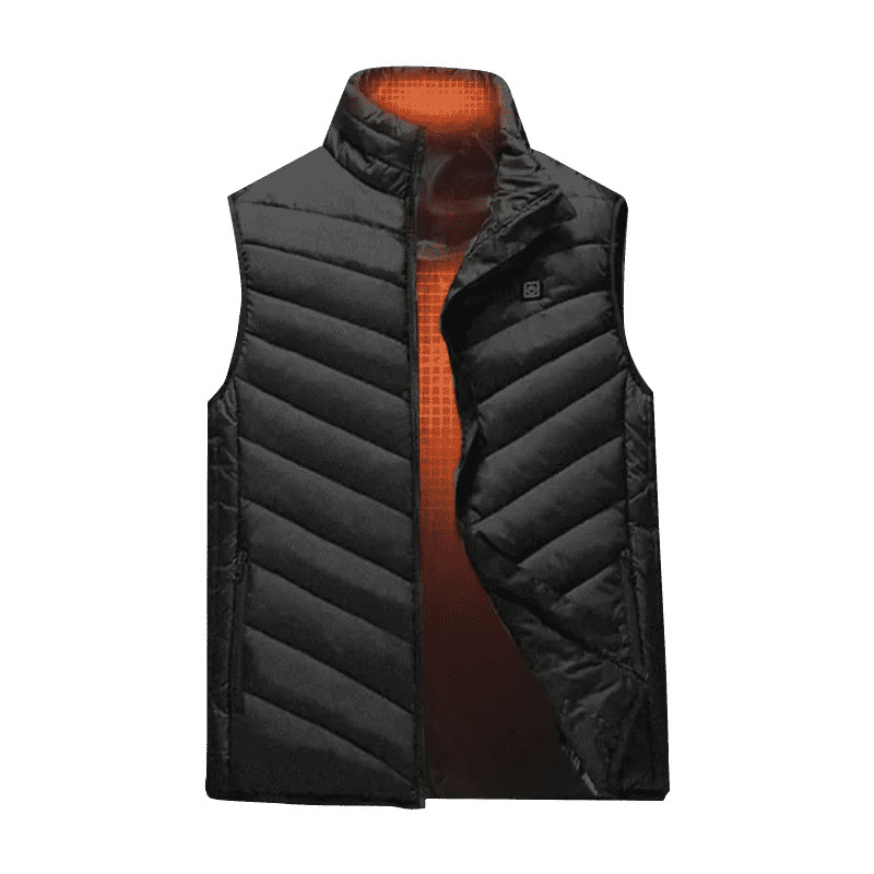Hotjak heated vest, black and quilted, open to show the heated back panel and collar, one button on the left chest