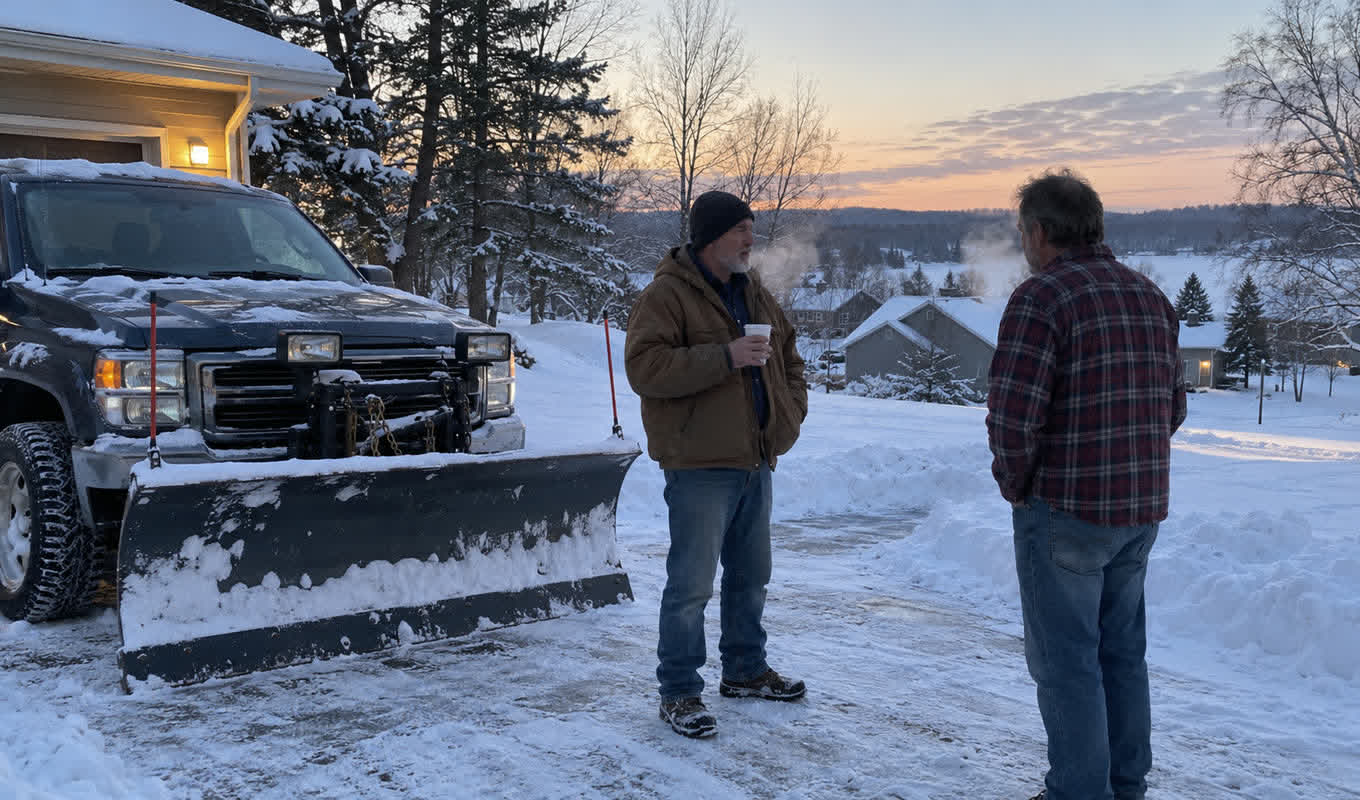 Two neighbors talking in a snowy driveway at dawn, one holding a coffee next to a plow truck