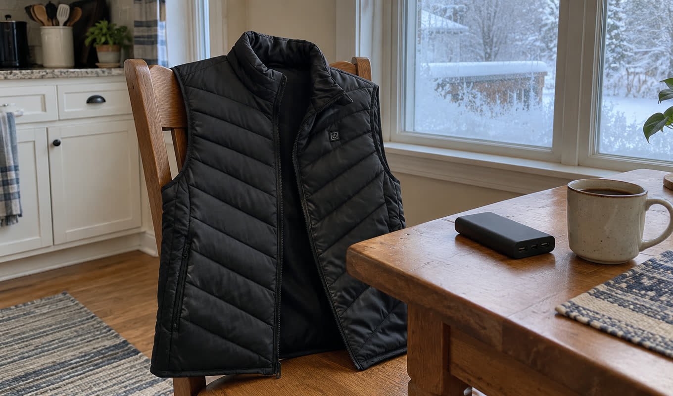Black heated vest hanging on the back of a kitchen chair, a power bank on the table