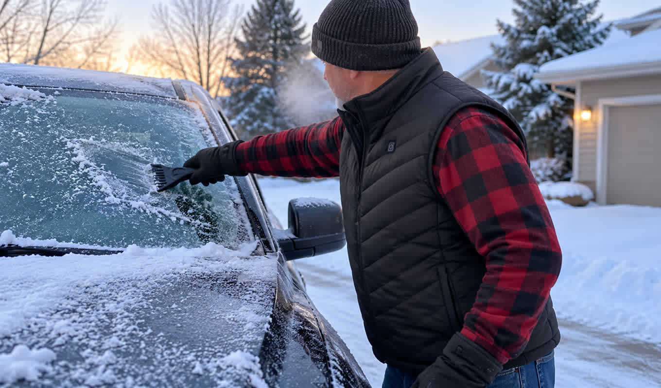 Gray-haired man in a black vest over a red flannel shirt, scraping frost off a truck windshield